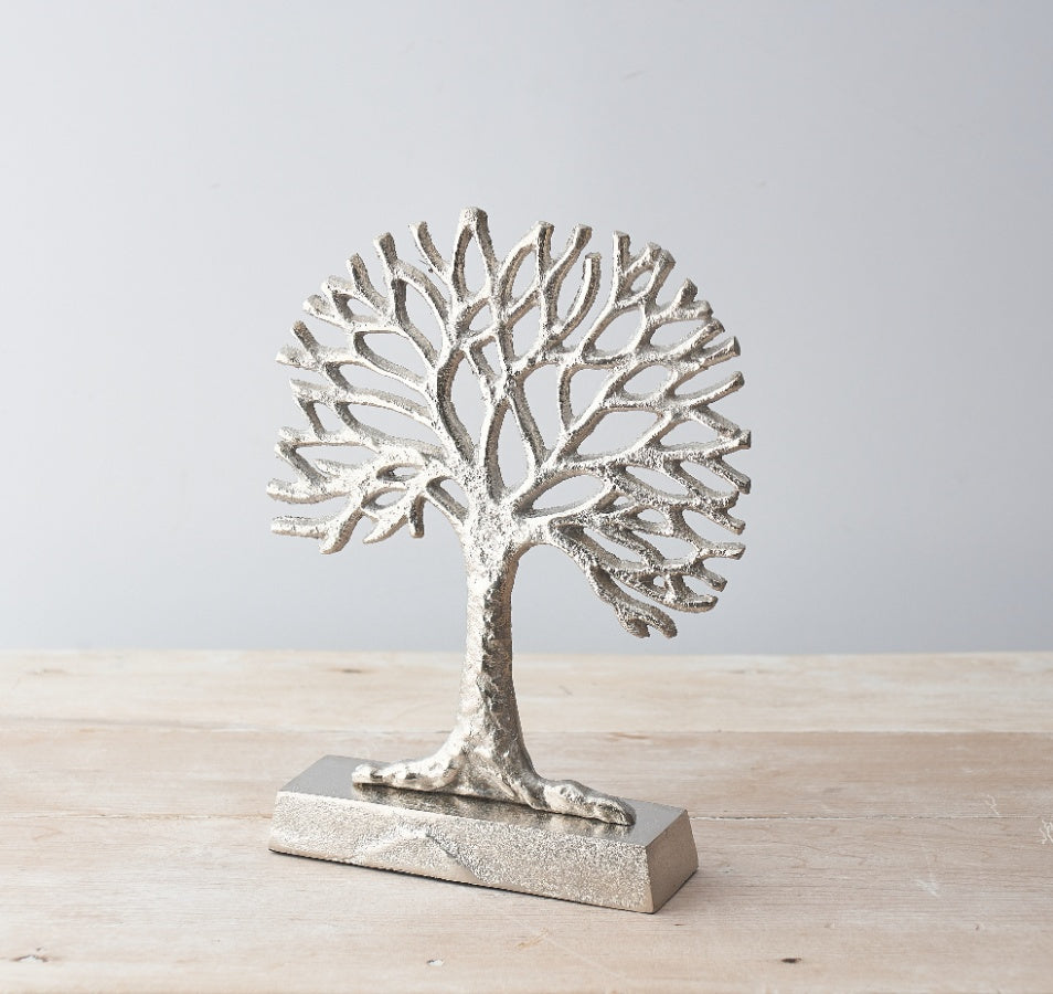 Silver Aluminium Tree of Life Ornament 28cm – Polished Symbolic Sculpture, Decorative Home Accent for Shelf or Table Display