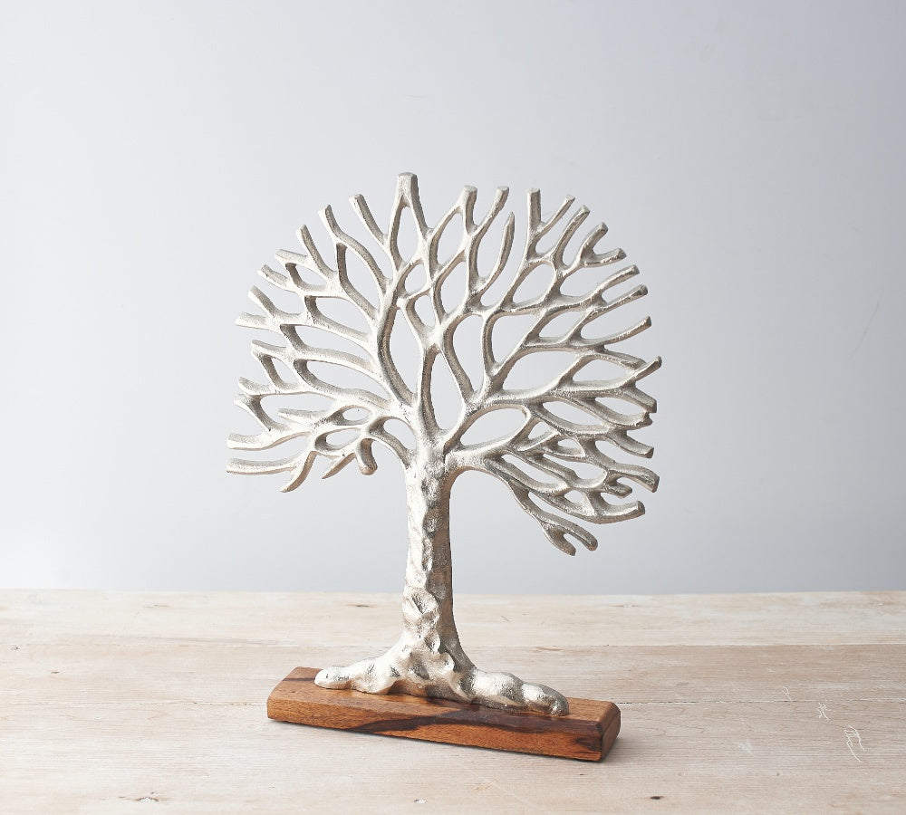 Silver Aluminium Tree of Life on Block Base 36cm – Large Symbolic Sculpture, Polished Home Decor Ornament for Shelf or Mantel