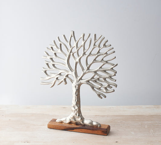 Silver Aluminium Tree of Life on Block Base 36cm – Large Symbolic Sculpture, Polished Home Decor Ornament for Shelf or Mantel