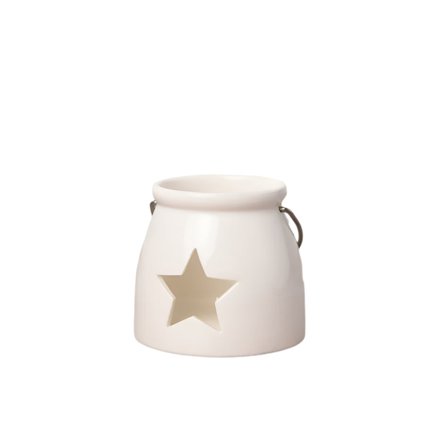 Cut Star T-Light Holder 10cm – Ceramic Candle Lantern, Glossy Finish with Star Cut-Out