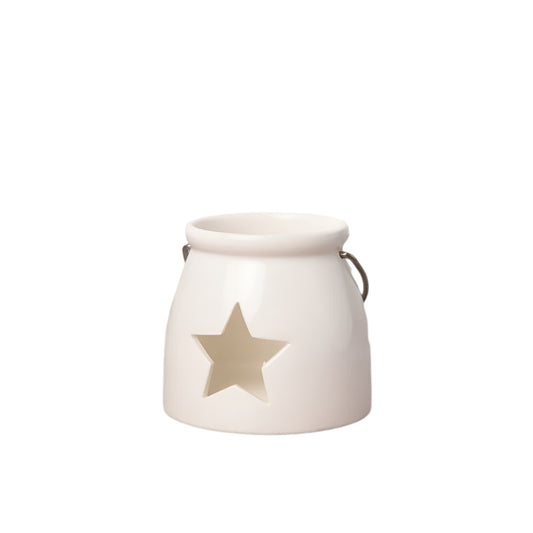 Cut Star T-Light Holder 10cm – Ceramic Candle Lantern, Glossy Finish with Star Cut-Out