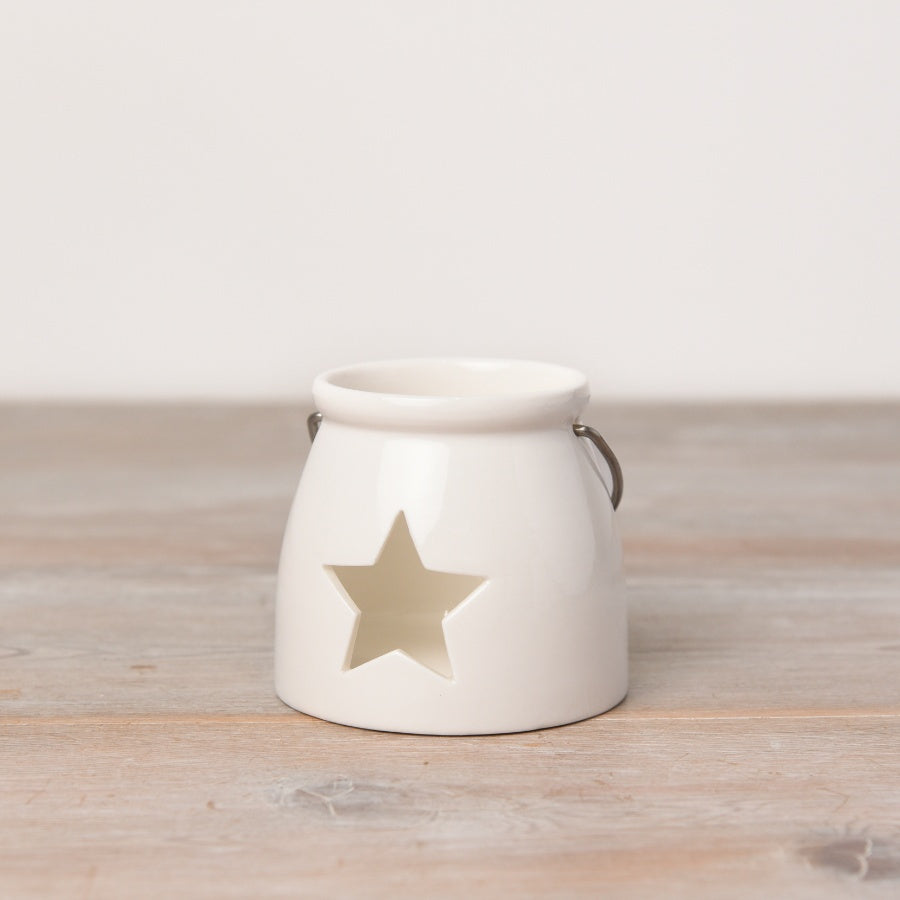 Cut Star T-Light Holder 10cm – Ceramic Candle Lantern, Glossy Finish with Star Cut-Out
