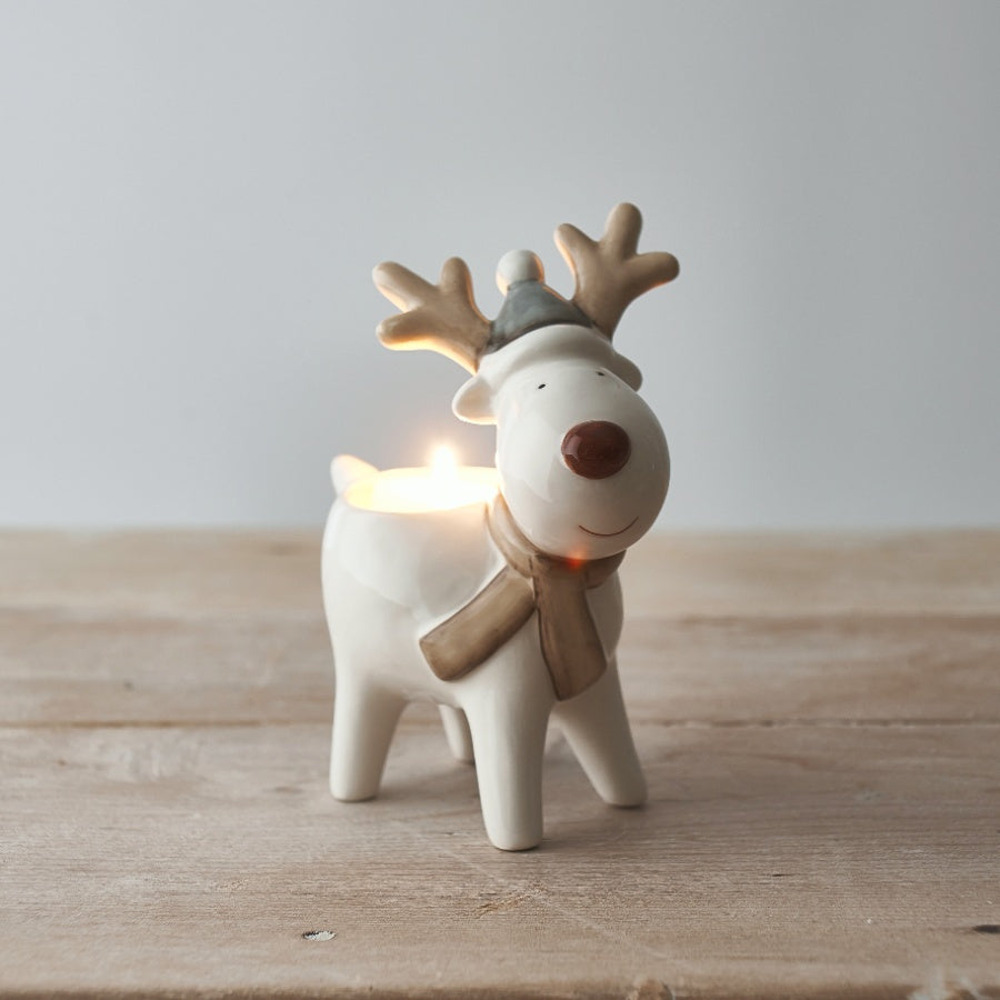 White Ceramic Reindeer With Hat T-light Holder 