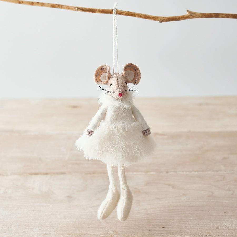 Hanging Fabric Mouse In White Fluffy Dress, 18cm 