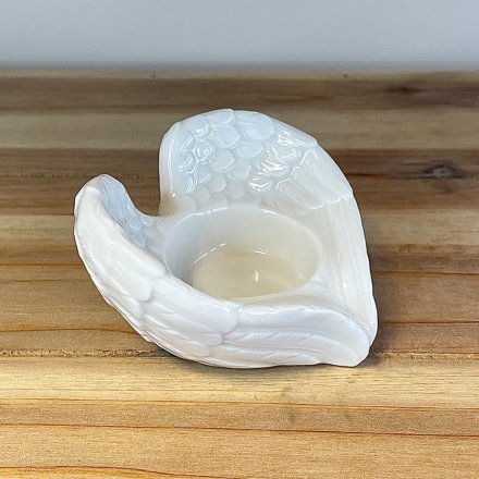 Angel Wing T-Light Holder – 9cm White Glazed Ceramic Candle Holder, Elegant Home Ornament