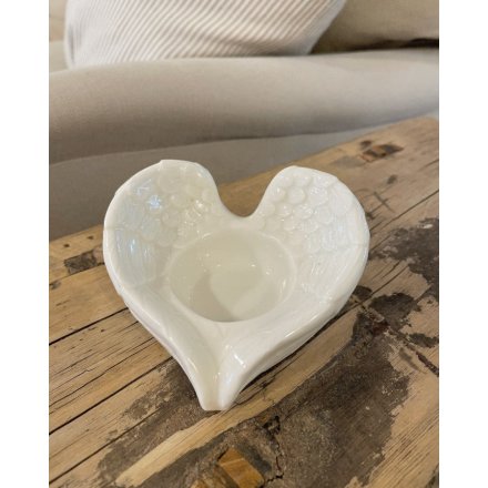 Angel Wing T-Light Holder – 9cm White Glazed Ceramic Candle Holder, Elegant Home Ornament