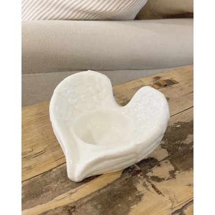 Angel Wing T-Light Holder – 9cm White Glazed Ceramic Candle Holder, Elegant Home Ornament