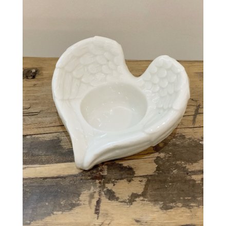 Angel Wing T-Light Holder – 9cm White Glazed Ceramic Candle Holder, Elegant Home Ornament