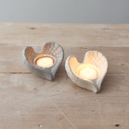 Angel Wing T-Light Holder – 9cm White Glazed Ceramic Candle Holder, Elegant Home Ornament
