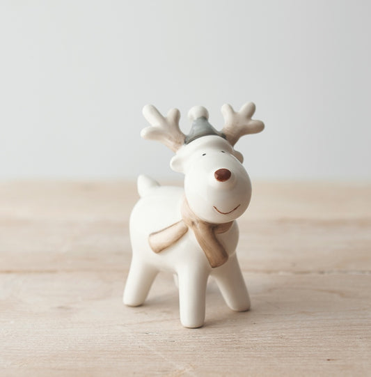 White Ceramic Reindeer w Hat 9cm