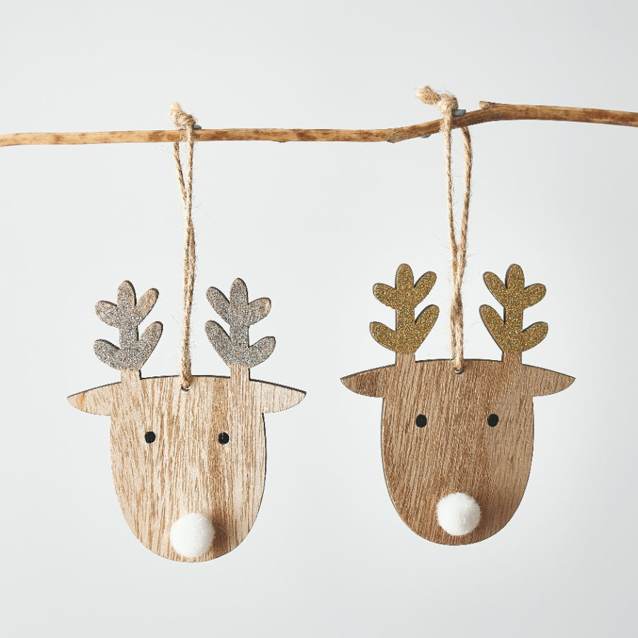 Wood Reindeer With Glitter Antlers, 10cm 
