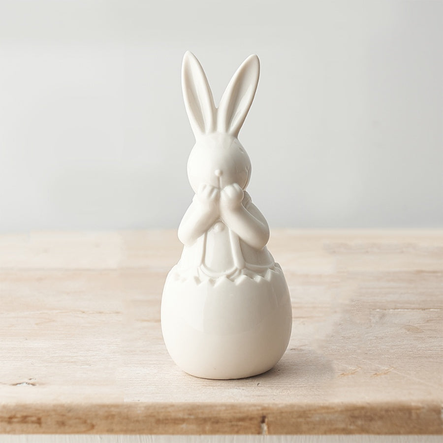 White Ceramic Bunny in Egg, 15cm