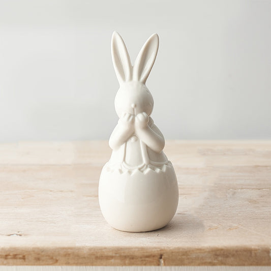 White Ceramic Bunny in Egg, 15cm