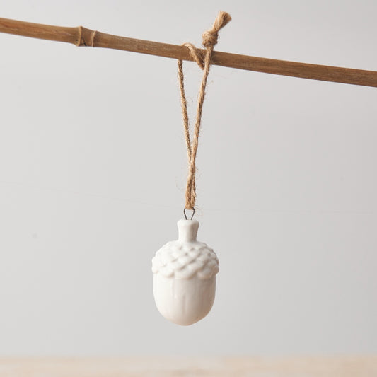White Hanging Acorn Decoration, 4.5cm