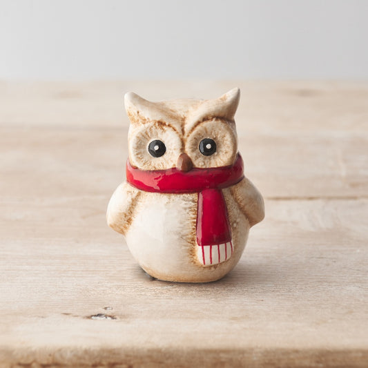 Rustic Owl Ornament with Red Scarf 9.5cm – Ceramic Owl Decoration, Festive Winter Home Decor Accent