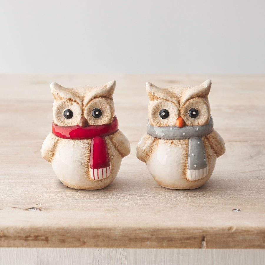 Rustic Owl Ornament with Red Scarf 9.5cm – Ceramic Owl Decoration, Festive Winter Home Decor Accent