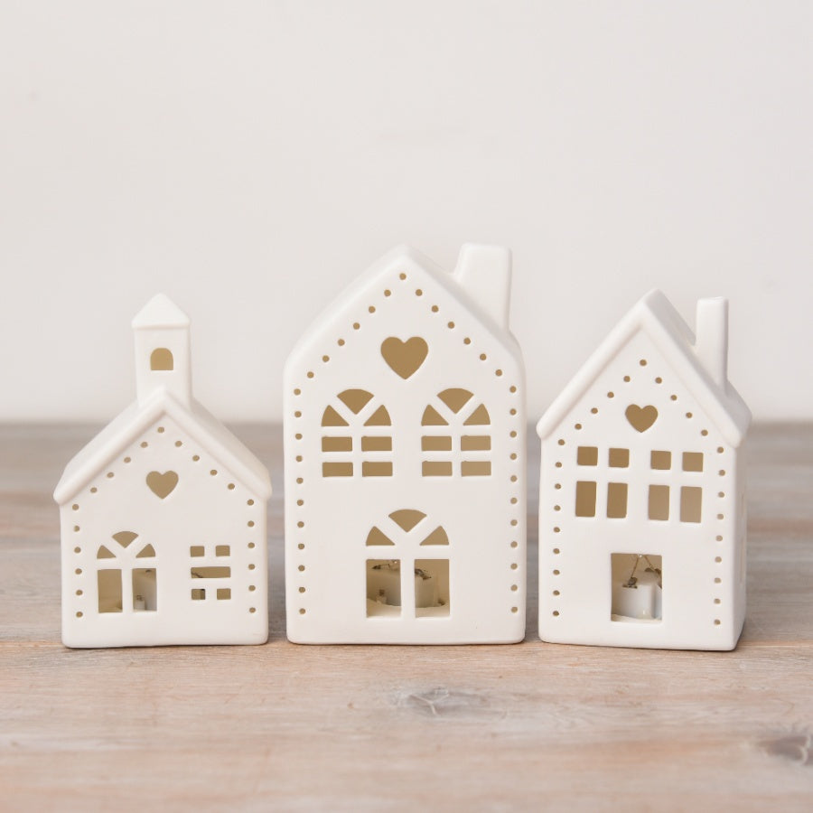 Light Up Heart House Decoration 11cm – White Ceramic LED House Ornament Cozy Home Decor Accent