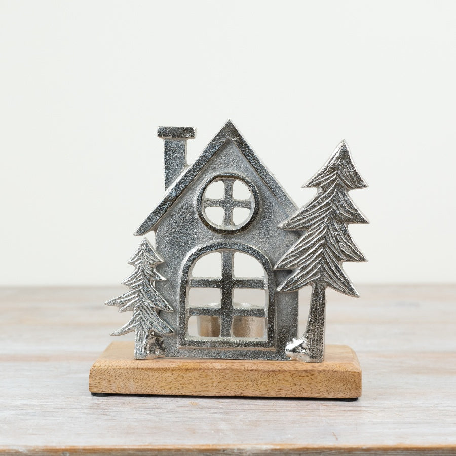 Decorative House On Wood Base, 15cm