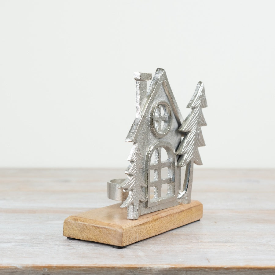 Decorative House On Wood Base, 15cm