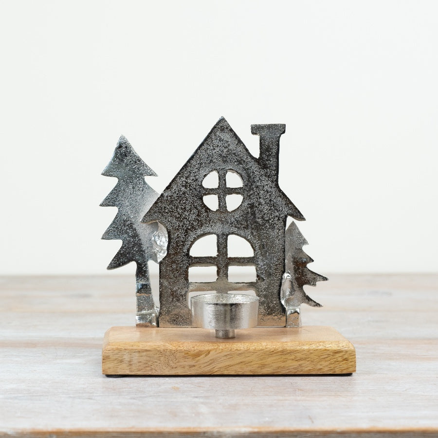 Decorative House On Wood Base, 15cm