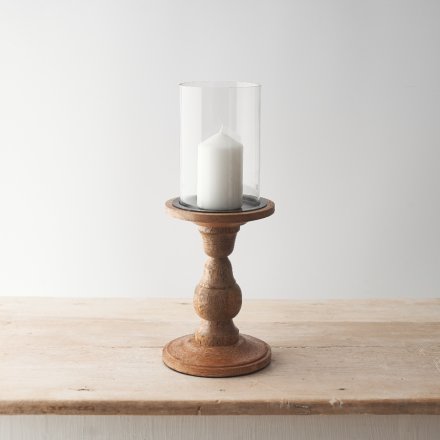 Glass Pillar Candle Holder on Wooden Base – 35cm Rustic Bevelled Stand, Elegant Home Décor