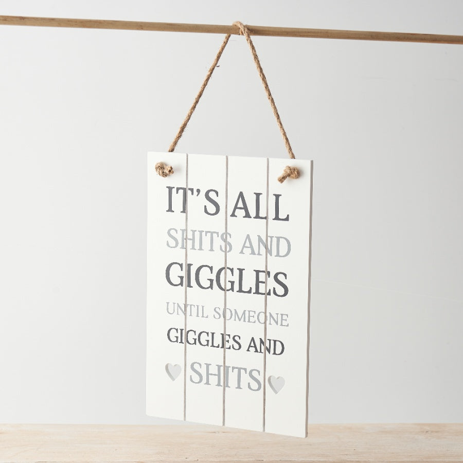 Funny Wooden Wall Sign 23cm, Shits and Giggles Quote with Heart Detail, Rustic Plaque