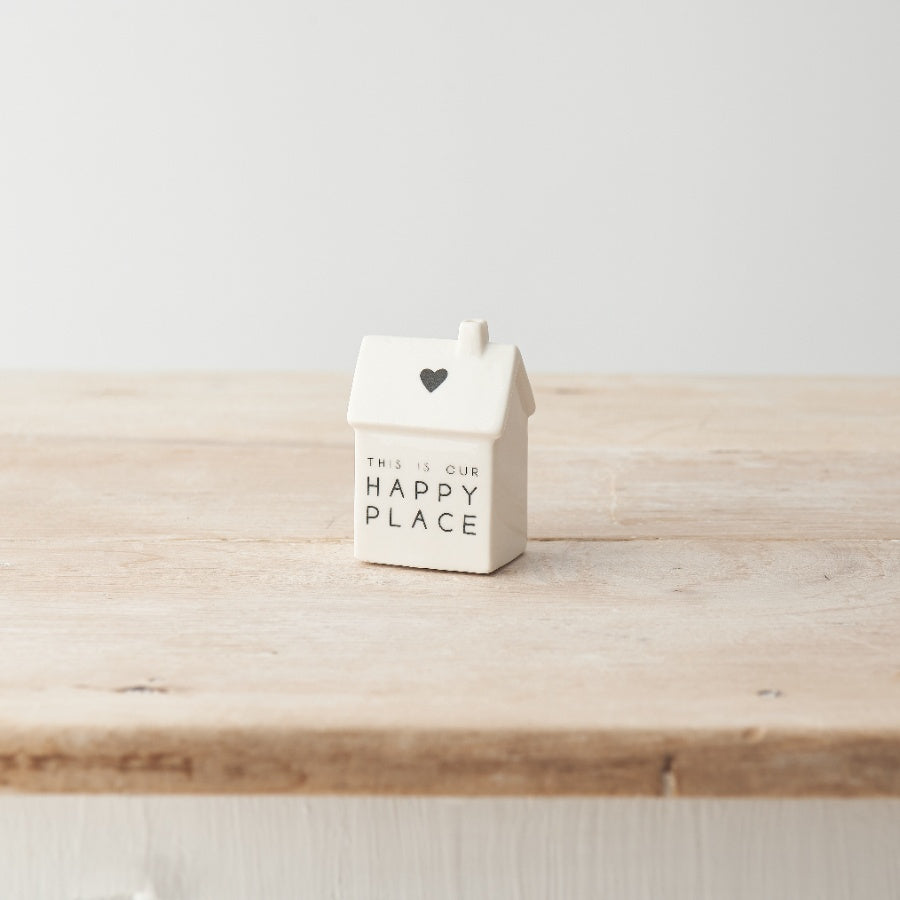 Our Happy Place Porcelain House Decoration 7cm – Mini Home Ornament with Heart Detail Cosy Gift Keepsake