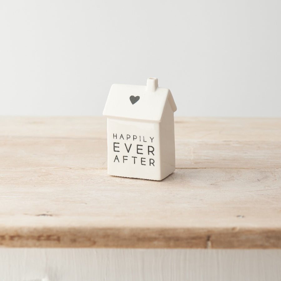 Happily Ever After Porcelain House Decoration 9cm – Mini Home Ornament with Heart Detail Wedding Gift Keepsake