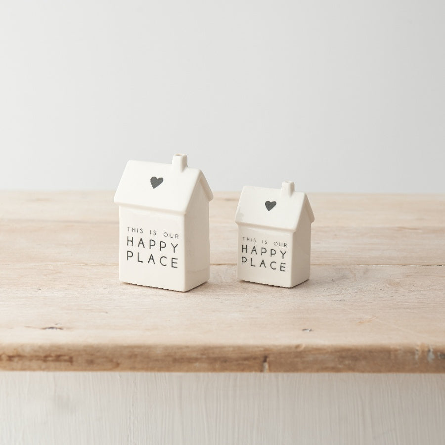 Our Happy Place Porcelain House Decoration 6cm – Mini Home Ornament with Heart Detail Cosy Shelf Decor Gift