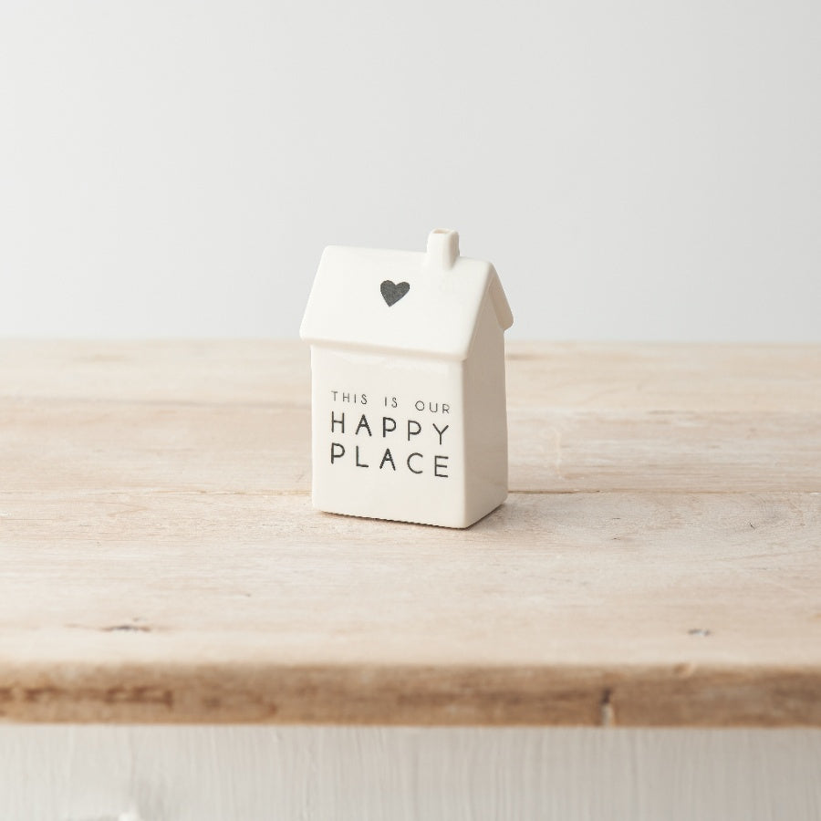 Our Happy Place Porcelain House Decoration 6cm – Mini Home Ornament with Heart Detail Cosy Shelf Decor Gift
