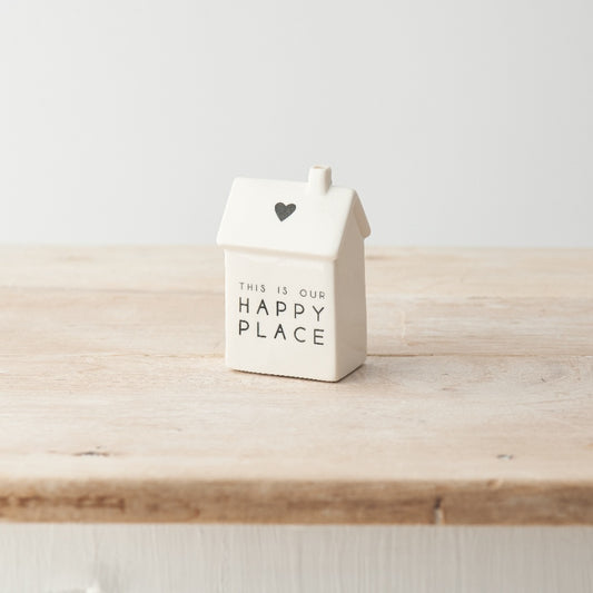 Our Happy Place Porcelain House Decoration 6cm – Mini Home Ornament with Heart Detail Cosy Shelf Decor Gift