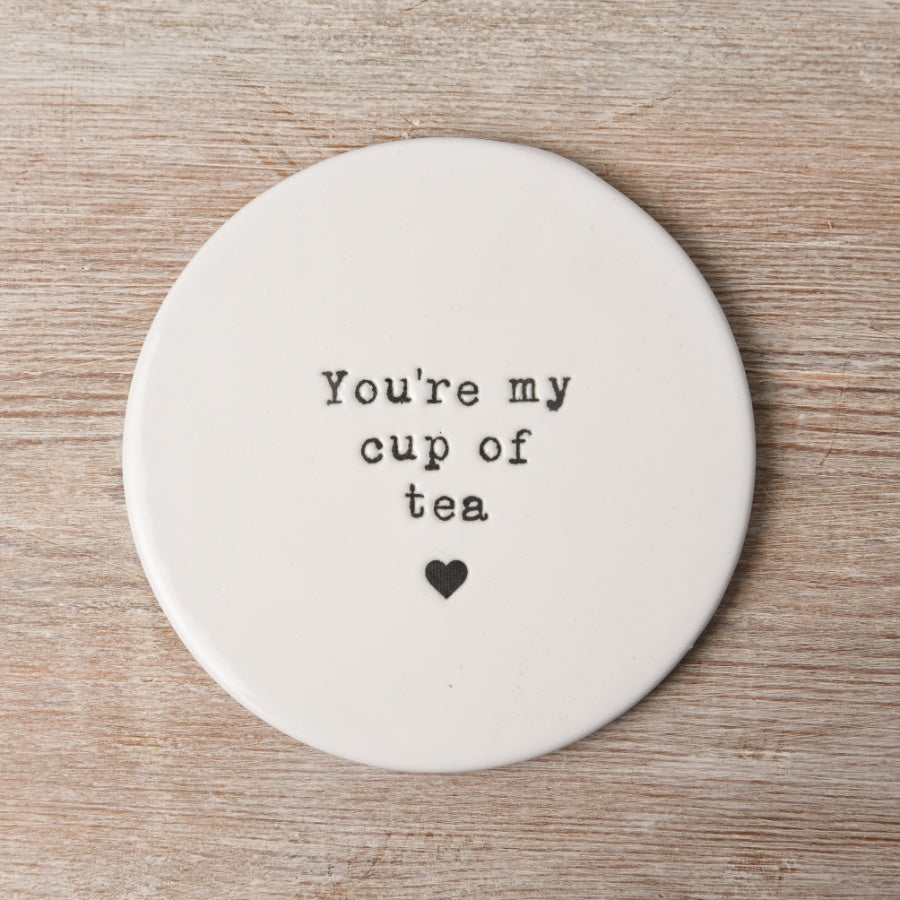 Cup of Tea Coaster 10cm Round Porcelain Embossed Slogan Gift Home Accessory