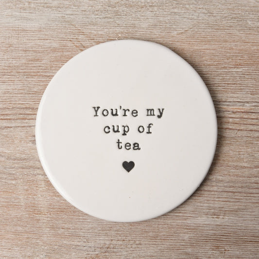 Cup of Tea Coaster 10cm Round Porcelain Embossed Slogan Gift Home Accessory