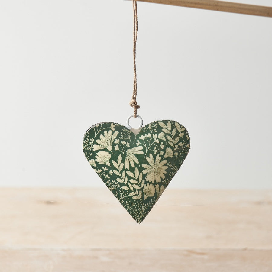 Green Floral Heart Hanger 8cm Metal Rustic Jute String Decorative Wall Accent