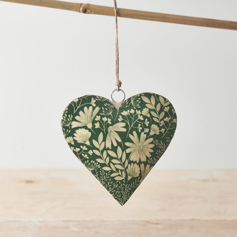 Green Floral Heart Hanger 10cm Colourful Metal Botanical Design Decoration