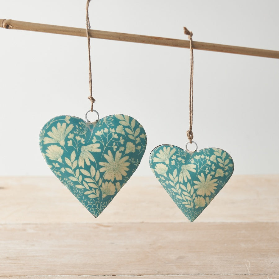 Blue Floral Heart Hanger 8cm Metal Decoration with Jute String Hanging