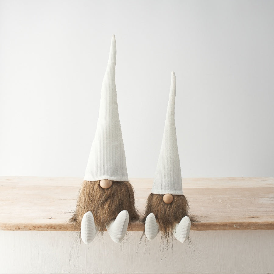 White Corduroy Hat Gonk 50cm Sitting Figure with Faux Fur Beard and Wooden Nose