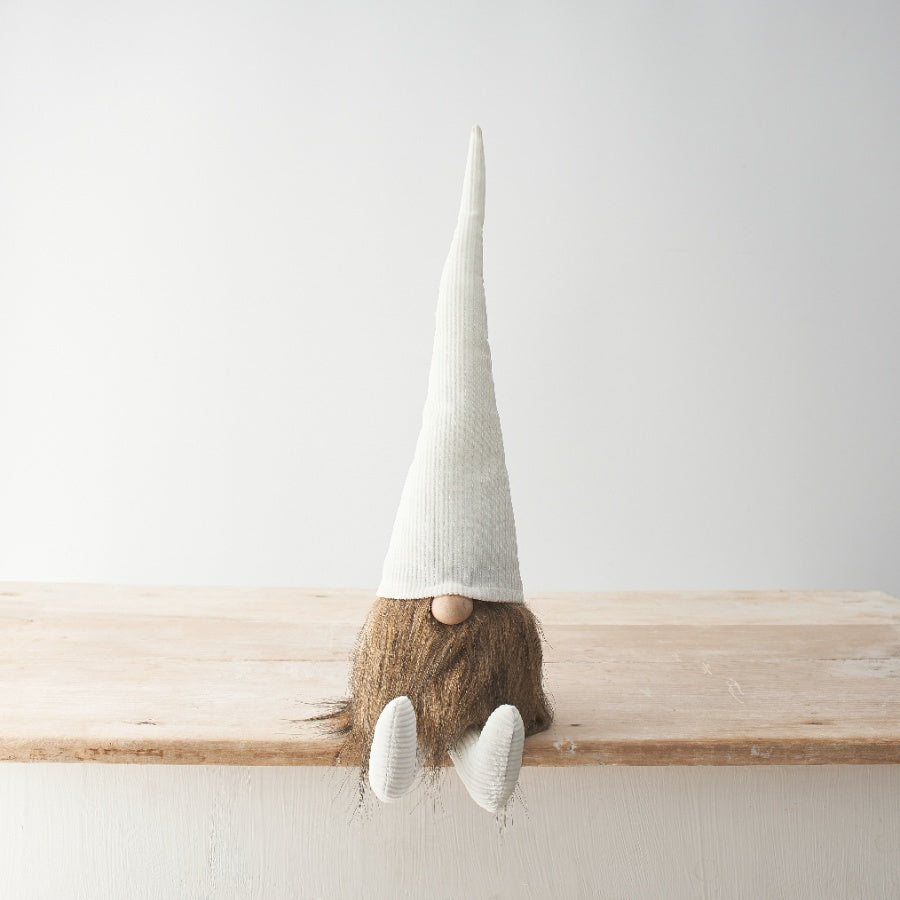 White Corduroy Hat Gonk 50cm Sitting Figure with Faux Fur Beard and Wooden Nose