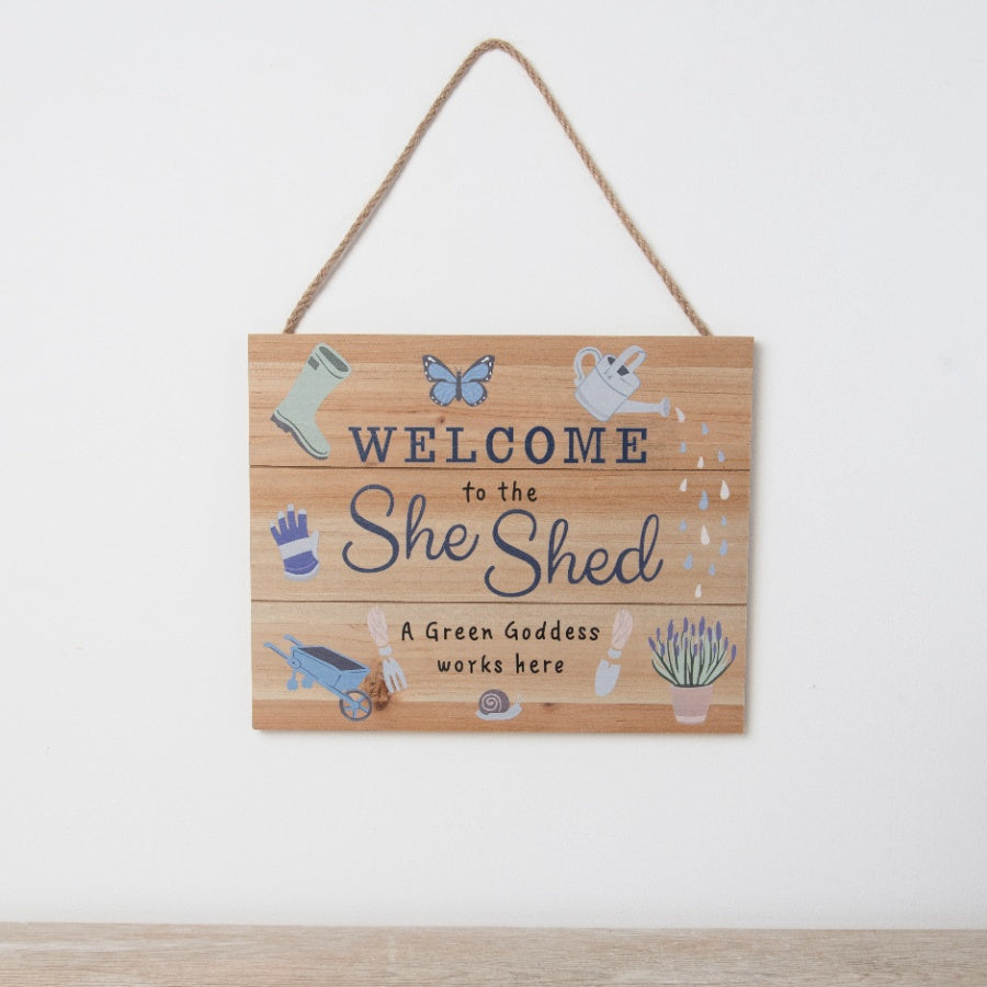 She Shed Garden Sign 30cm Wooden Hanging Plaque with Bold Print Decor
