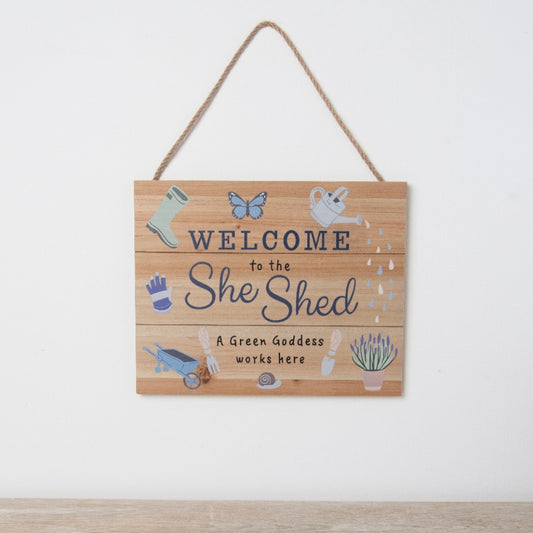 She Shed Garden Sign 30cm Wooden Hanging Plaque with Bold Print Decor