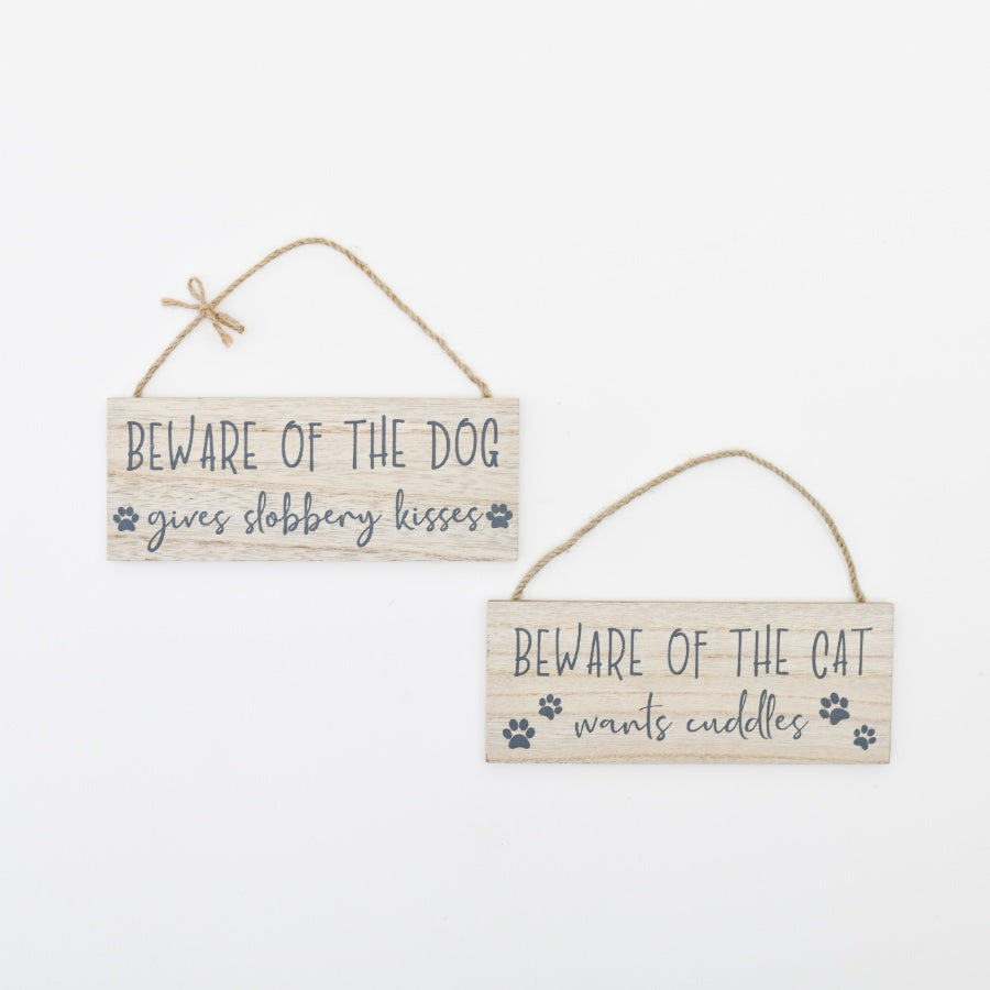 Beware of the Cat or Dog Sign 20cm Wooden Hanging Funny Pet Warning Decor