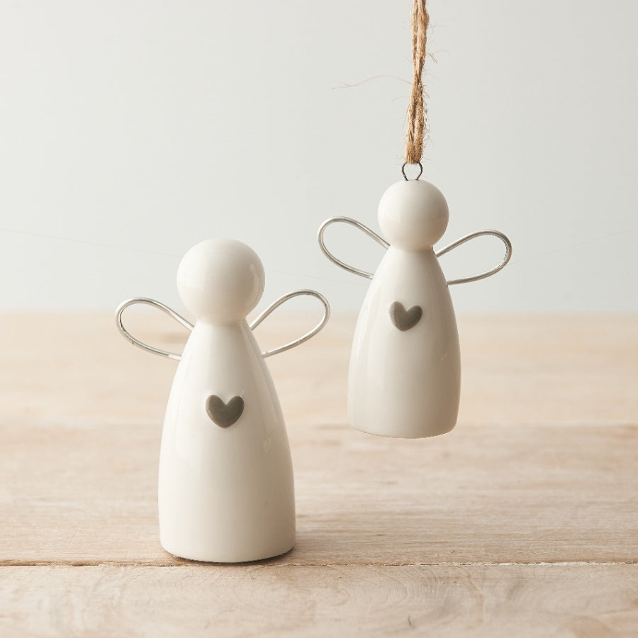 Hanging Angel Decoration 6cm Porcelain with Wire Wings and Grey Heart