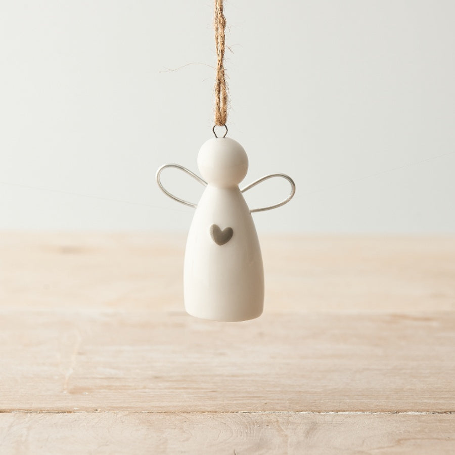 Hanging Angel Decoration 6cm Porcelain with Wire Wings and Grey Heart