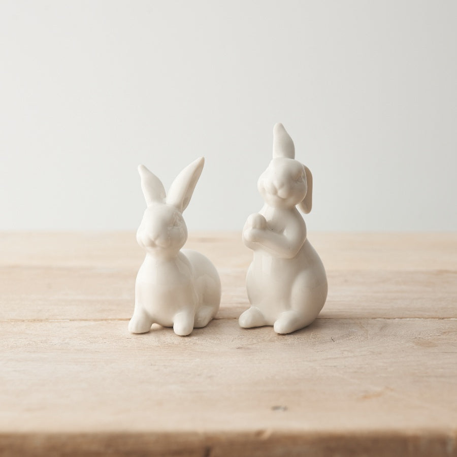 White Porcelain Rabbit Ornament 9.5cm, Glossy Easter Decoration Gift