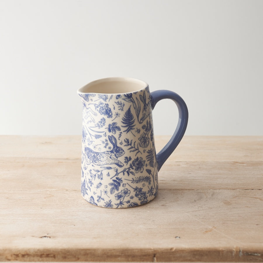 Blue Hare Floral Jug – 16cm Ceramic Spring Decor with Unique Flora Fauna Design