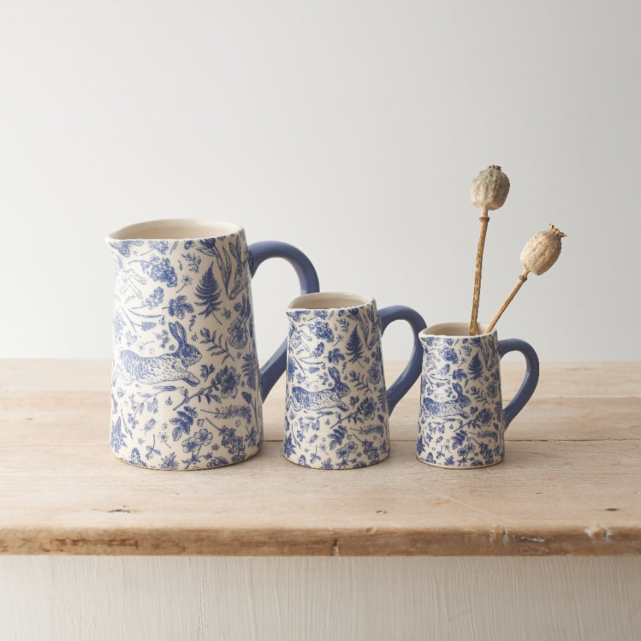 Blue Hare Floral Jug – 16cm Ceramic Spring Decor with Unique Flora Fauna Design