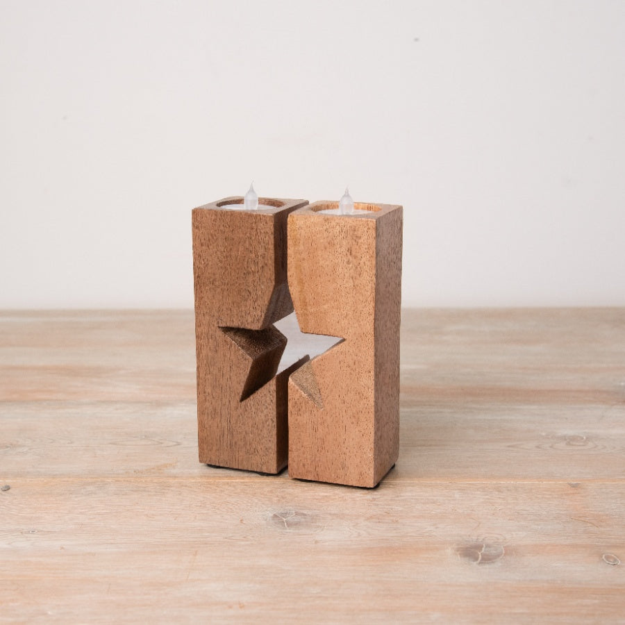 Split Star Wooden T Light Holder – Rustic Twin Candle Holder for Warm Ambience