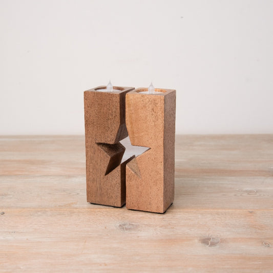 Split Star Wooden T Light Holder – Rustic Twin Candle Holder for Warm Ambience