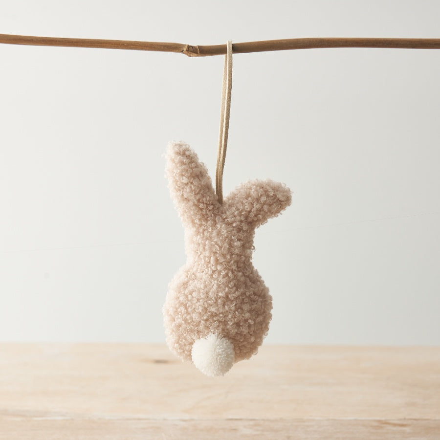 Set of 3 Hanging Sherpa Bunnies – 12cm Rustic Beige, Brown & White Easter Decor