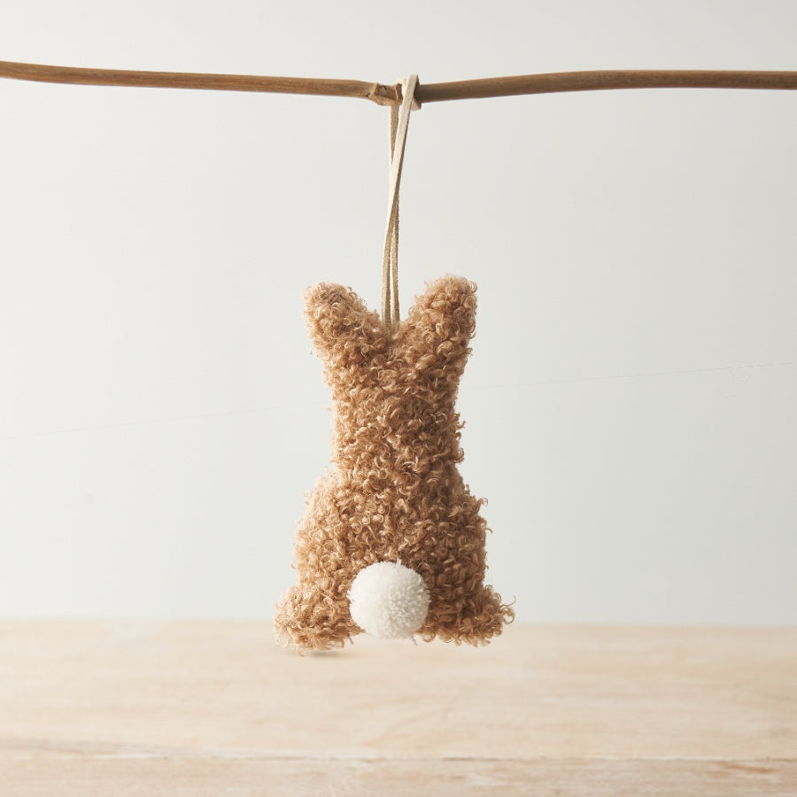 Set of 3 Hanging Sherpa Bunnies – 12cm Rustic Beige, Brown & White Easter Decor